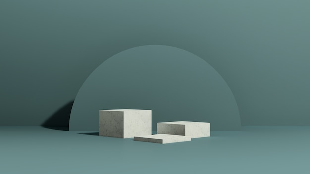 3d render afbeelding wit marmeren podium met blauwe achtergrond abstracte vormen product display