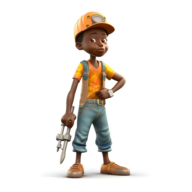 3D визуализация афроамериканского мальчика-строителя с штангенциркулем