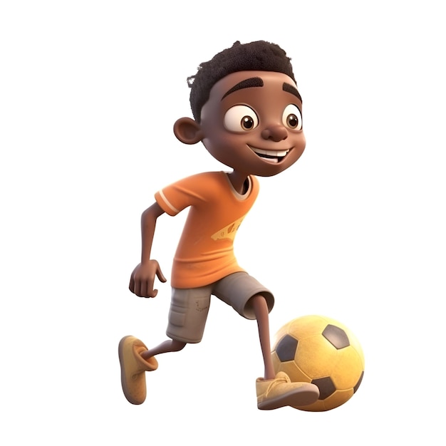 Foto render 3d di un ragazzo afroamericano che corre con un pallone da calcio