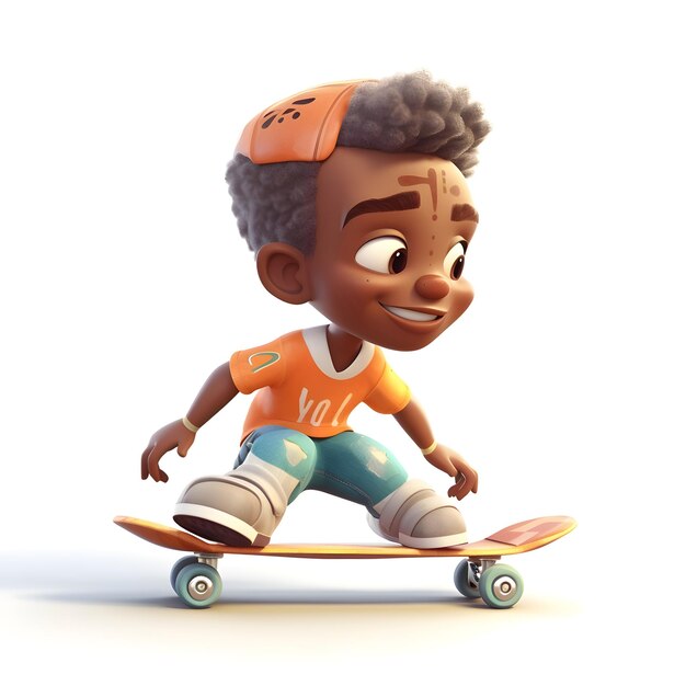 Foto rendering 3d di un ragazzo afroamericano con uno skateboard