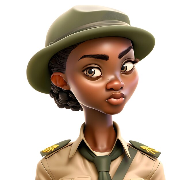 Photo 3d render of an african american girl with ww2 army hat