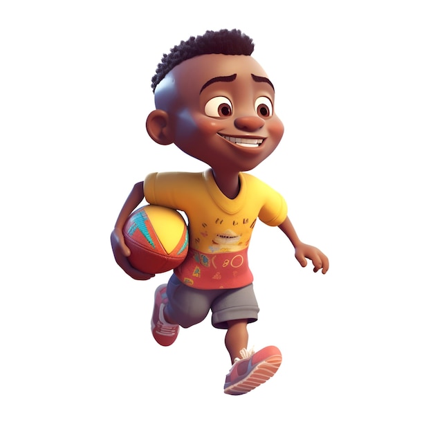 3D Render of an african american little boy playing basketball