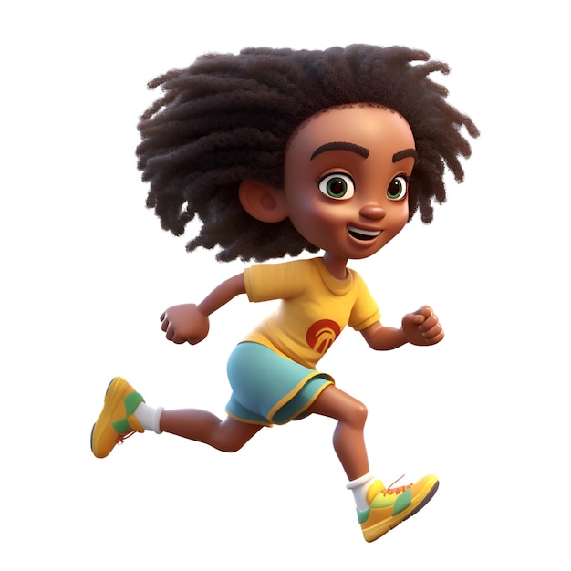 3D визуализация афроамериканской маленькой девочки, бегущей на белом фоне