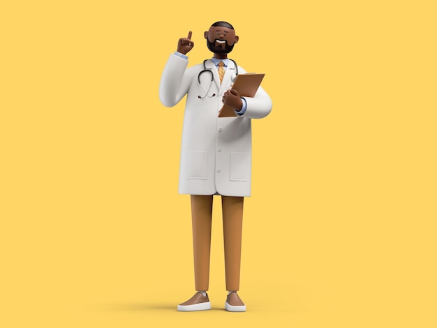 3d render African cartoon character doctor holds documents and gives advice