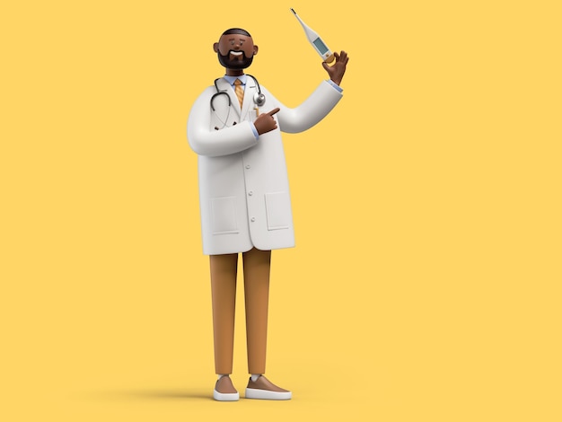 3D render Afrikaanse cartoon karakter arts met stethoscoop en thermometer