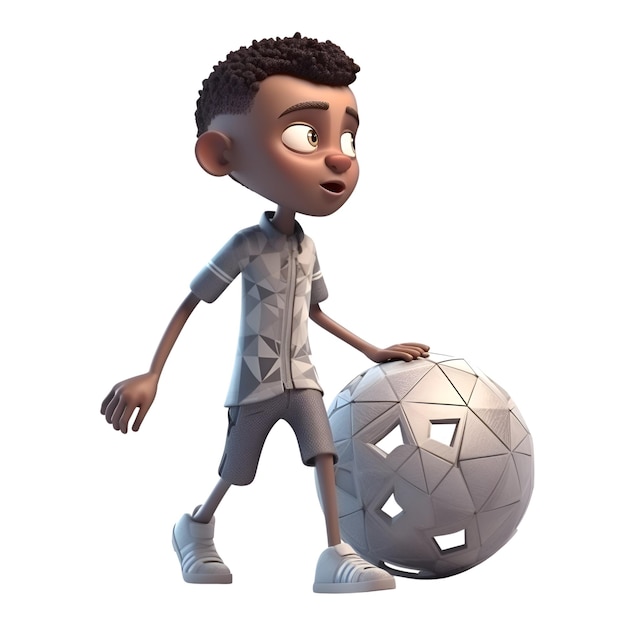 Foto 3d render di un ragazzo afroamericano con pallone da calcio