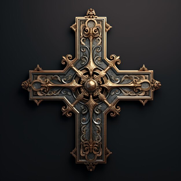 3D Render of Aged Brass Cross With Embossed Pattern and Worn Metal Textur Good Friday Easter Palm