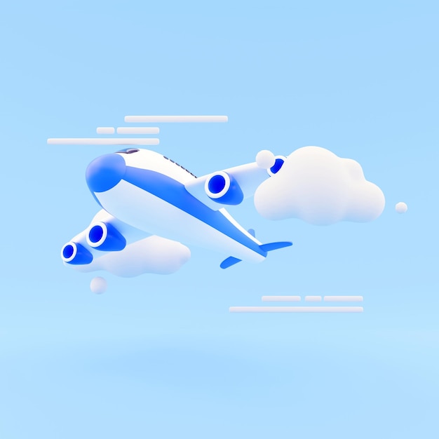 Foto 3d render aereo con nuvola su sfondo blu immagine isolata della nuvola dell'aereo di rendering 3d