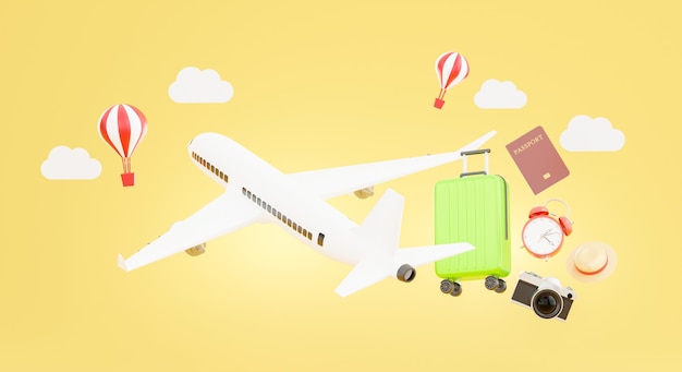 3d render of airplane with travel accessories and the concept of tourism