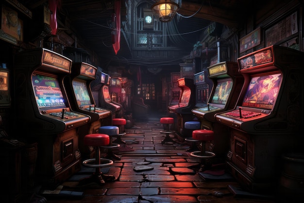 A 3D render of an aisle of switched off vintage arcade game machines with one at the end with an illuminated screen in a retro arcade room High quality photo