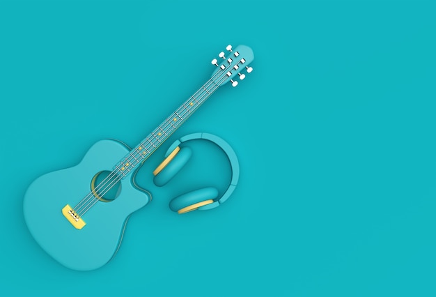 3D render akoestische gitaar met muziek hoofdtelefoon 3d illustratie ontwerp.