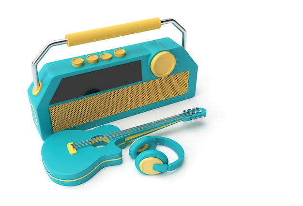 3D Render akoestische gitaar Muziek hoofdtelefoon met oude vintage retro stijl radio 3d illustratie Design.