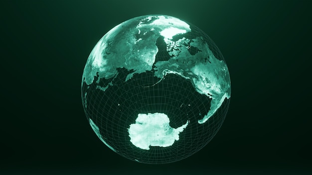 Photo 3d render of alaska and russia globe map technology and futuristic blue green line glowing earth ba