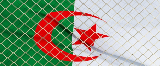 3D render of algerian flag behind steel mesh wire fence the flag of algeria