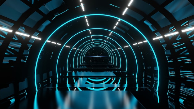 3d render alien perspective blue corridor with blue neon lights abstract background