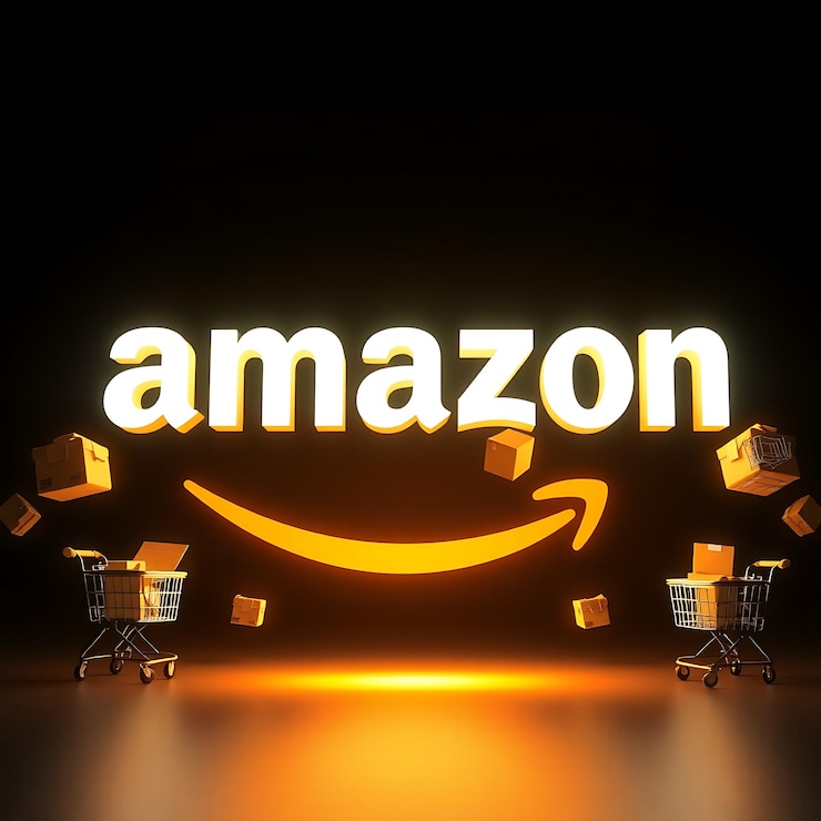 Photo 3dレンダリング アマゾンロゴ 透明の黄色いアクリルでエクストルード わずかに前向きに傾いた n