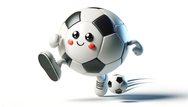 Photo 3d render of anthropomorphic smiling soccer ball kicking a small ball forward