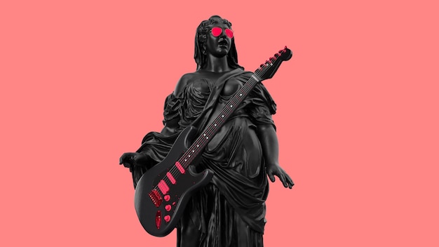 3D render antiek monument van een vrouw met een gitaar op een roze achtergrond