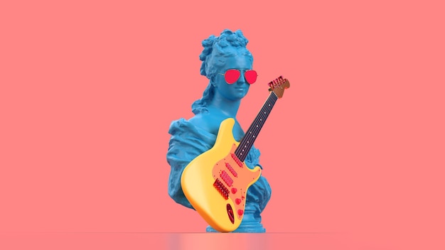 3D рендеринг старинного бюста женщины с электрогитарой на цветном музыкальном фоне