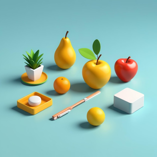 3d render of a apple lemon and pencil on a yellow background concept image of a new idea 3d