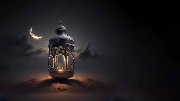 Photo 3d render of arabic lamp on dune and realistic crescent moon islamic religious concept