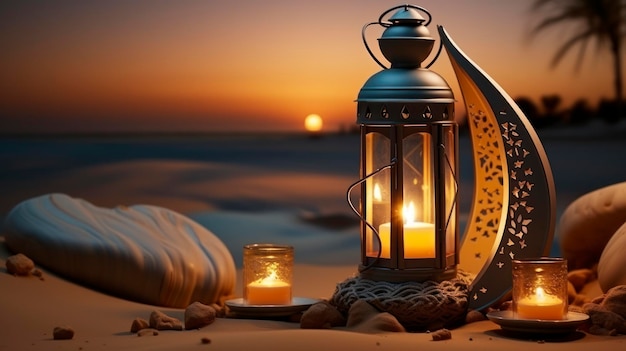 Foto rendering 3d della lampada araba sulla duna e realistico concetto religioso islamico della luna crescente