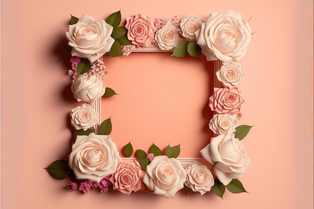 3D render Arrangement rozen bloemen frame pastel en ruimte voor valentijnskaarten creëren met generatieve AI-technologie.
