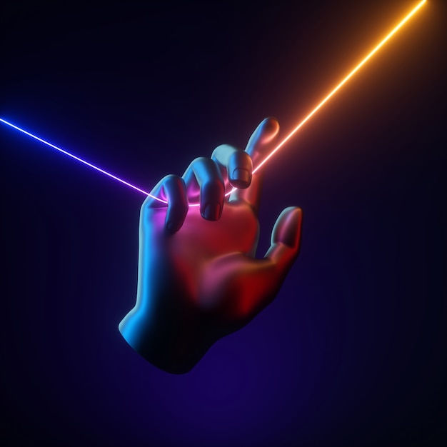 3d render of artificial hand holds vibrant colorful neon light glowing line