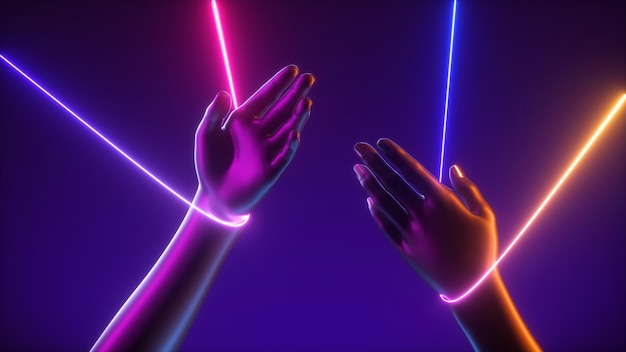 3d render of artificial marionette hands with colorful strings neon light glowing lines