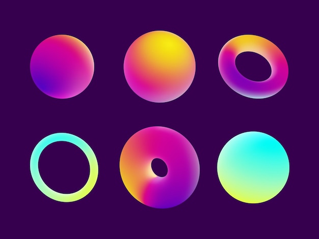 3D рендеринг различных абстрактных неоновых геометрических форм красочных колец и шаров