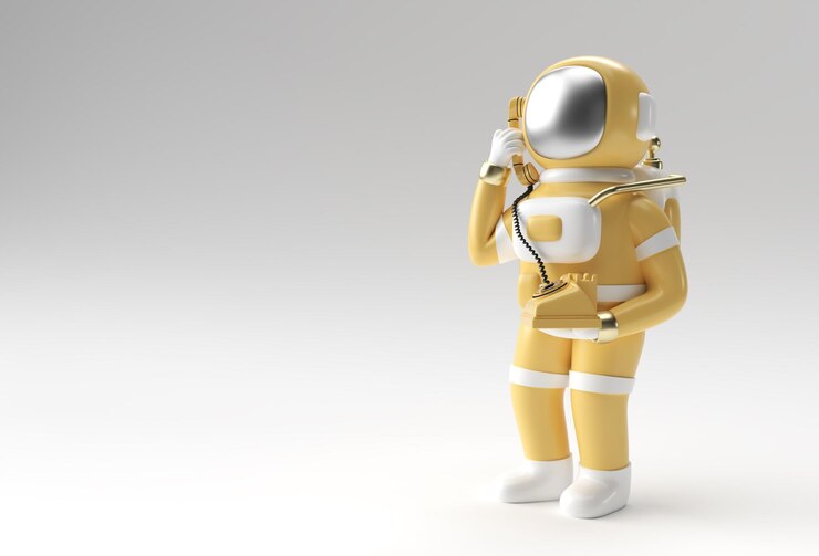 3d render astronaut calling gesture with old telephone 3d illustration design