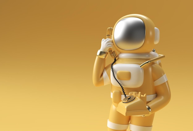 3D render Astronaut die gebaar roept met oude telefoon 3d illustratie Design