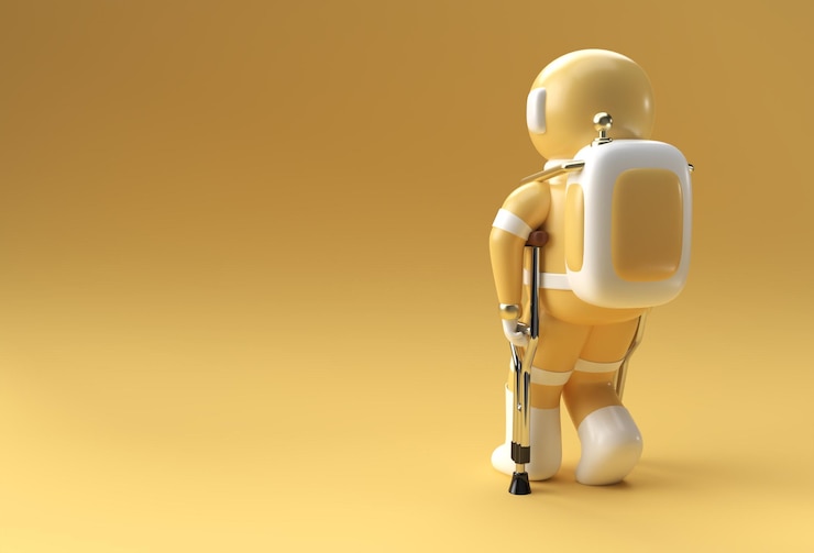  3d render astronaut disabled using crutches to walk 3d illustration design