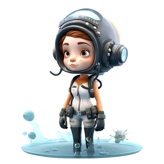 3D Render of an Astronaut girl with a water puddle