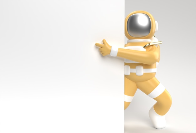 3d render astronaut hand wijzende vinger gebaar met een witte banner 3d illustratie ontwerp te houden.