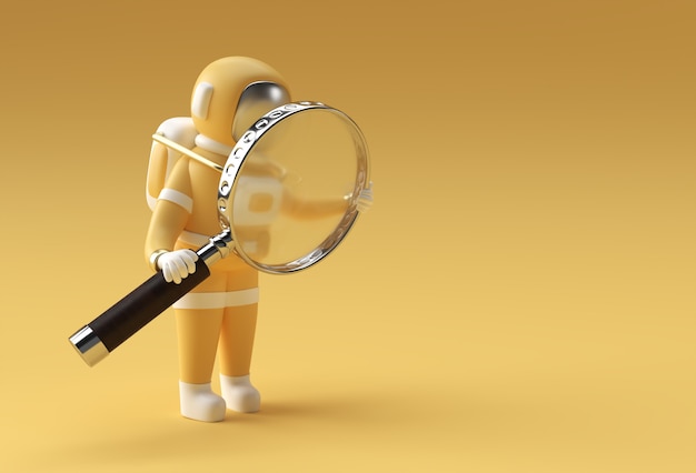 3D Render Astronaut Holding Magnify Glass on a Yellow Background.