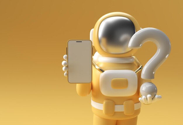 3D render Astronaut Holding vraagteken met lege mobiele Mockup 3d illustratie ontwerp.