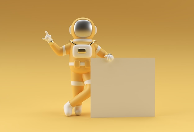 3D Render Astronaut Holding a White Banner on a Yellow Background.