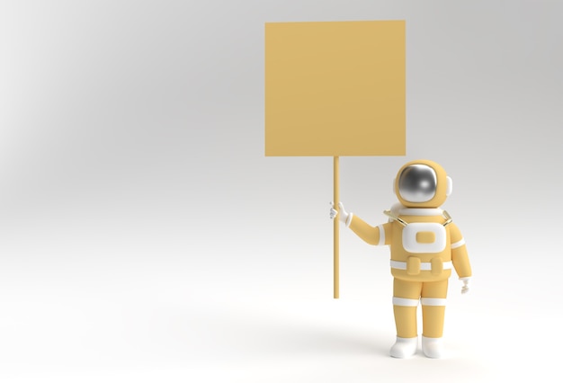 3D Render Astronaut Holding a White Panel Placard on a White Background.