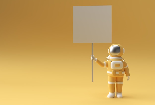 3d render astronaut holding a white panel placard on a yellow background