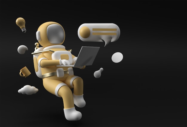 3D Render Astronaut in ruimtepak die aan laptop werkt, 3D illustratieontwerp.