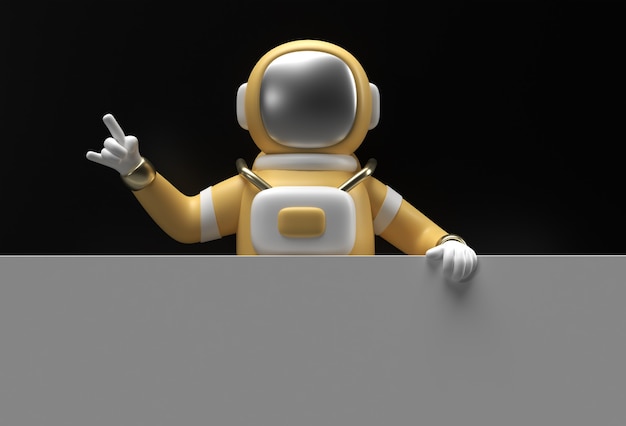 Foto 3d render astronaut met een witte banner op een zwarte achtergrond.