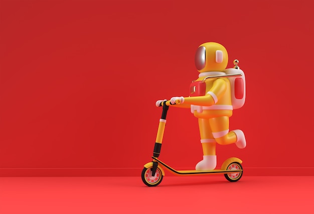 Foto 3d render astronaut rijden op een push scooter 3d-art design illustratie.