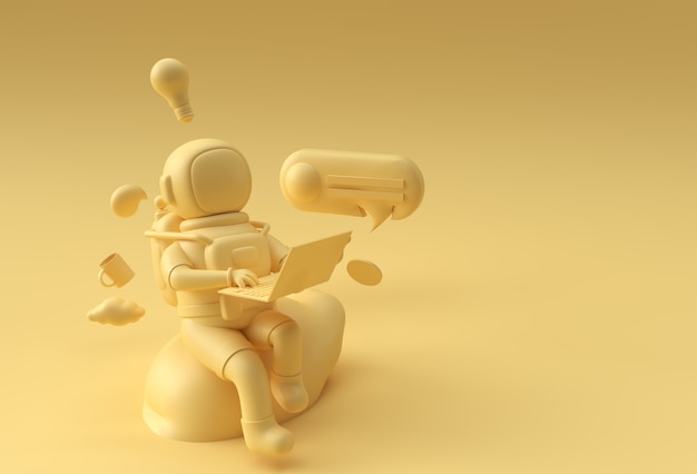 3d render astronaut in spacesuit working on laptop, 3d illustration design.