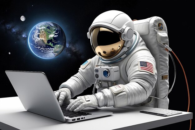 Photo 3d render astronaut in spacesuit working on laptop pen tool created clipping path included in jpeg easy to composite