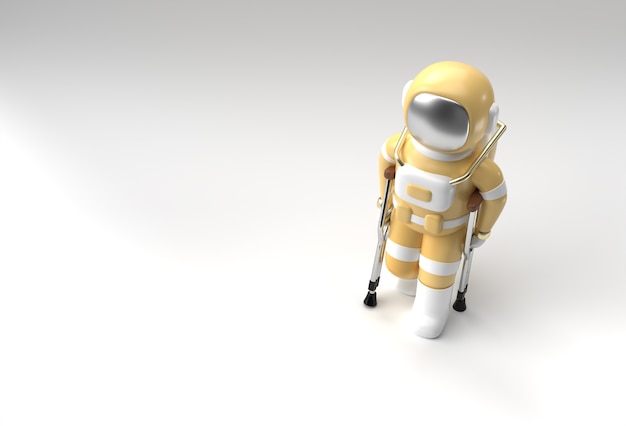 3D Render Astronaut uitgeschakeld met behulp van krukken om te lopen 3D-illustratieontwerp.