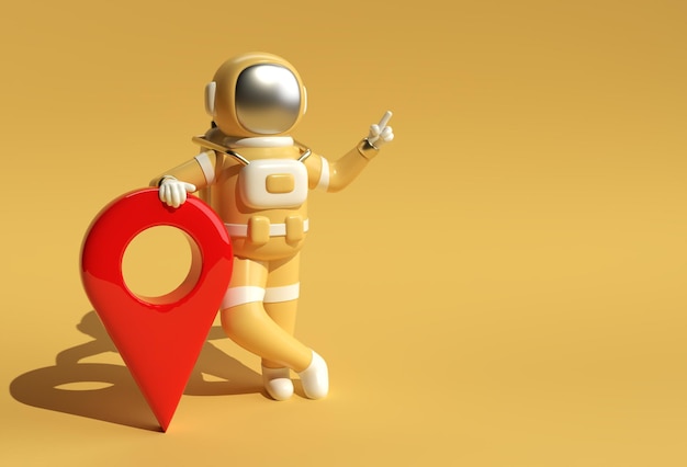 Rendering 3d astronauta con puntatore mappa 3d design illustrazione.