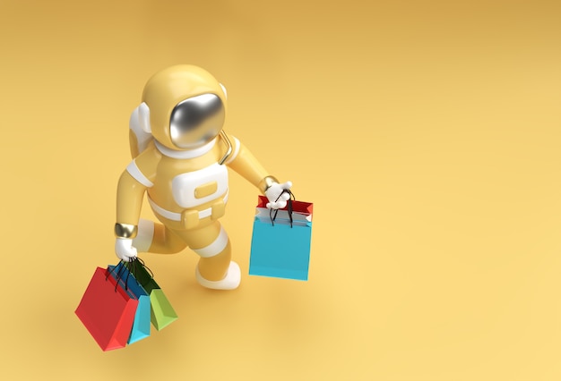 3D Render Astronaut with Shopping Bags 3D illustration Design.