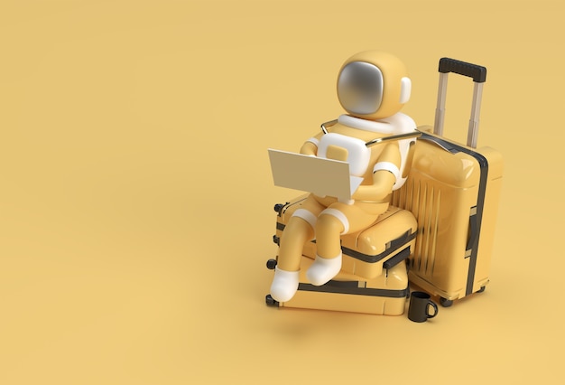 トラベルバッグに座っているラップトップに取り組んでいる3Dレンダリング宇宙飛行士3Dイラストデザイン。