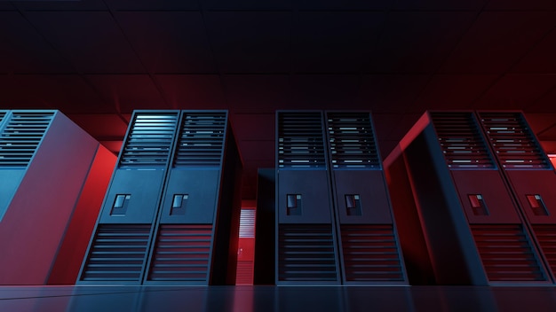 3d render. Atmospheric cyberpunk server room.